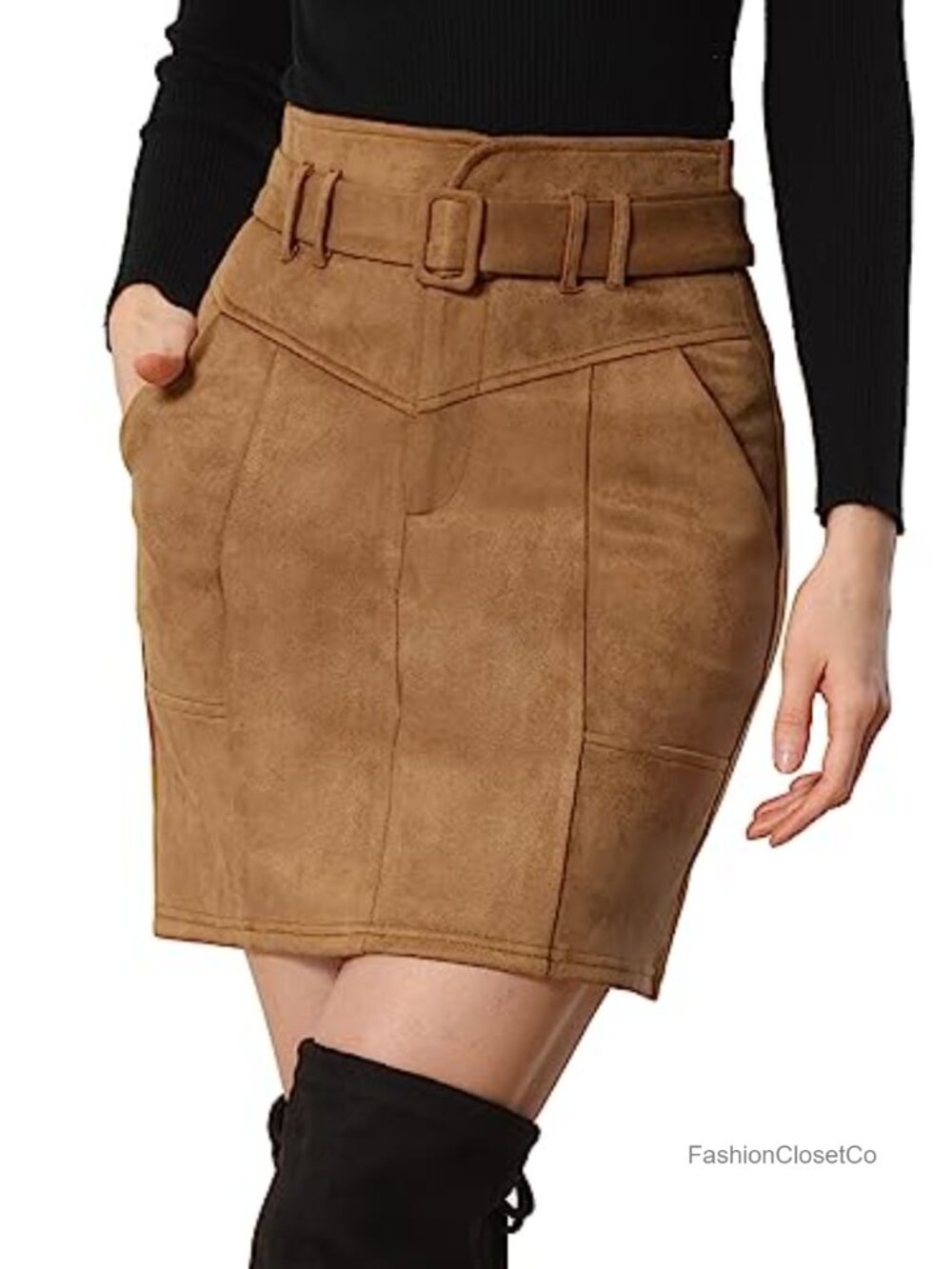 Faux Suede High Waist Belted Skirt with Pockets and Zipper
